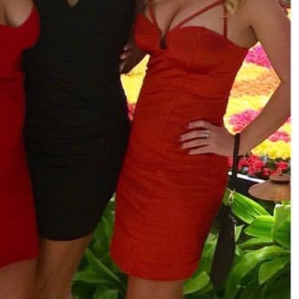 Bebe Satin Red Cocktail Dress with adjustable straps.